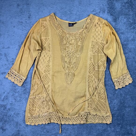 SR Fashion Tops - Vintage Boho Lace Tunic Top Mustard Yellow Crochet Peasant Blouse M SR FASHION
